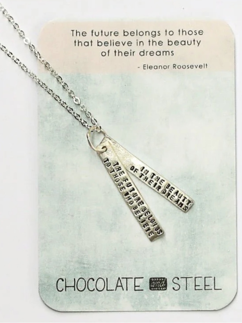 New Sterling Silver The Future Belongs Quote Bar Necklace - Eleanor Rosevelt